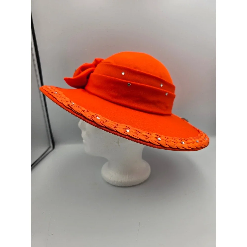 Unbranded Wide Brim Dress Hat Women Orange Good Floral Rhinestone Kentucky Derby